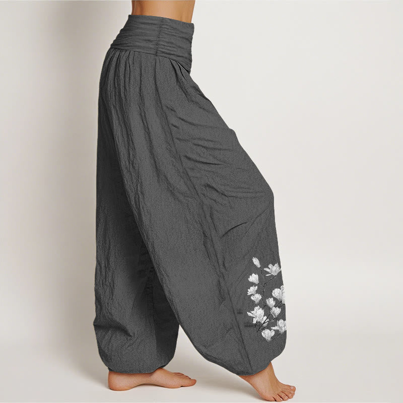 Nimara Ritual Pure Cotton Minimalist Style Magnolia Flower Pattern Women's Elastic Waist Harem Pants