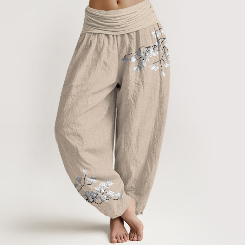 Nimara Ritual Pure Cotton Minimalist Style Magnolia Flower Pattern Women's Elastic Waist Harem Pants