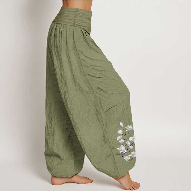 Nimara Ritual Pure Cotton Minimalist Style Magnolia Flower Pattern Women's Elastic Waist Harem Pants