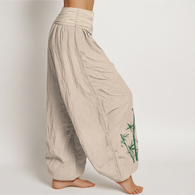 Nimara Ritual Pure Cotton Elegant Sun Crane Bamboo Pattern Women's Elastic Waist Harem Pants