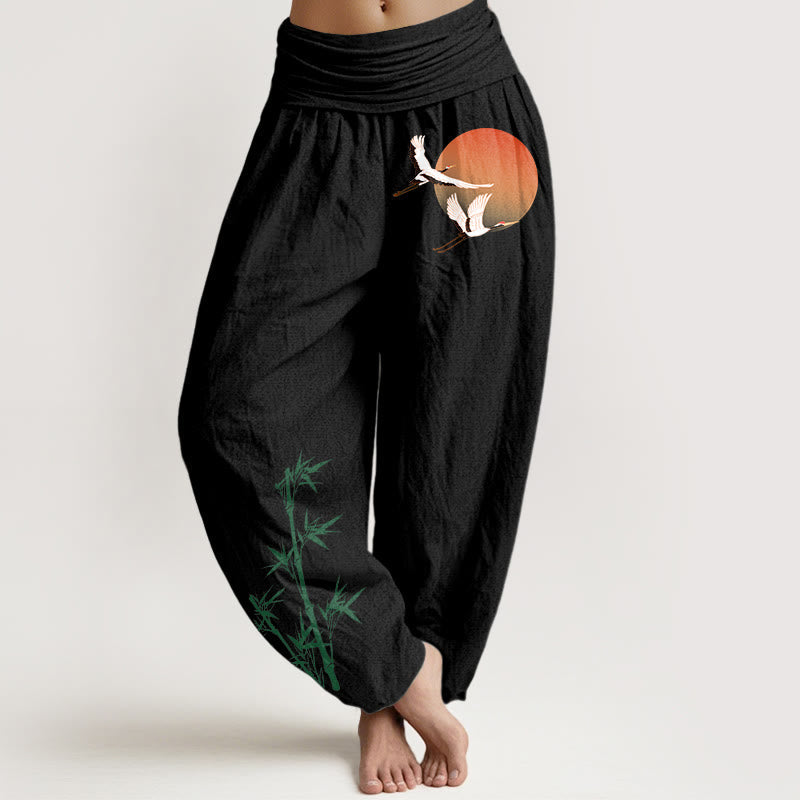 Nimara Ritual Pure Cotton Elegant Sun Crane Bamboo Pattern Women's Elastic Waist Harem Pants