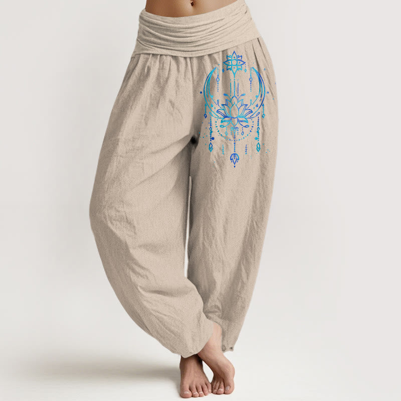 Nimara Ritual Pure Cotton Elegant Lotus Pattern Women's Elastic Waist Harem Pants