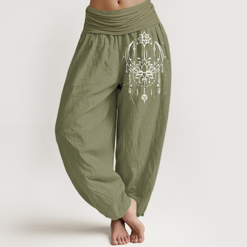 Nimara Ritual Pure Cotton Elegant Lotus Pattern Women's Elastic Waist Harem Pants
