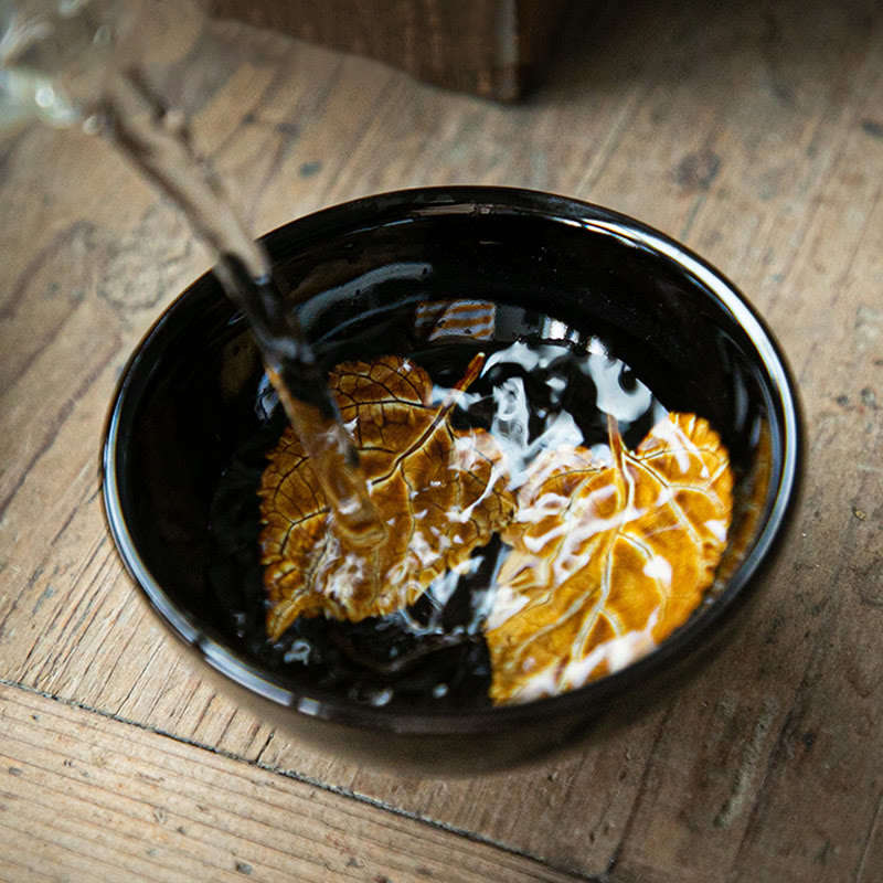 Nimara Ritual Gold Maple Leaf Chinese Jianzhan Ceramic Teacup Tenmoku Kung Fu Tea Cup Bowl