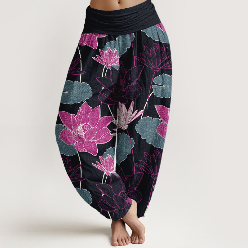 Nimara Ritual Pure Cotton Retro Lotus Flowers Leaves Pattern Women's Elastic Waist Harem Pants