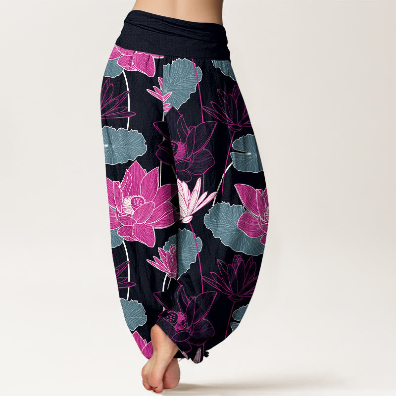 Nimara Ritual Pure Cotton Retro Lotus Flowers Leaves Pattern Women's Elastic Waist Harem Pants