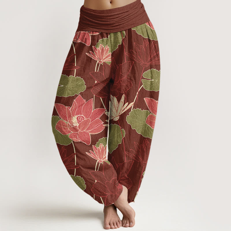 Nimara Ritual Pure Cotton Retro Lotus Flowers Leaves Pattern Women's Elastic Waist Harem Pants