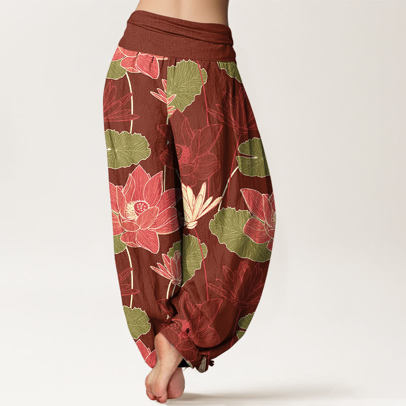 Nimara Ritual Pure Cotton Retro Lotus Flowers Leaves Pattern Women's Elastic Waist Harem Pants