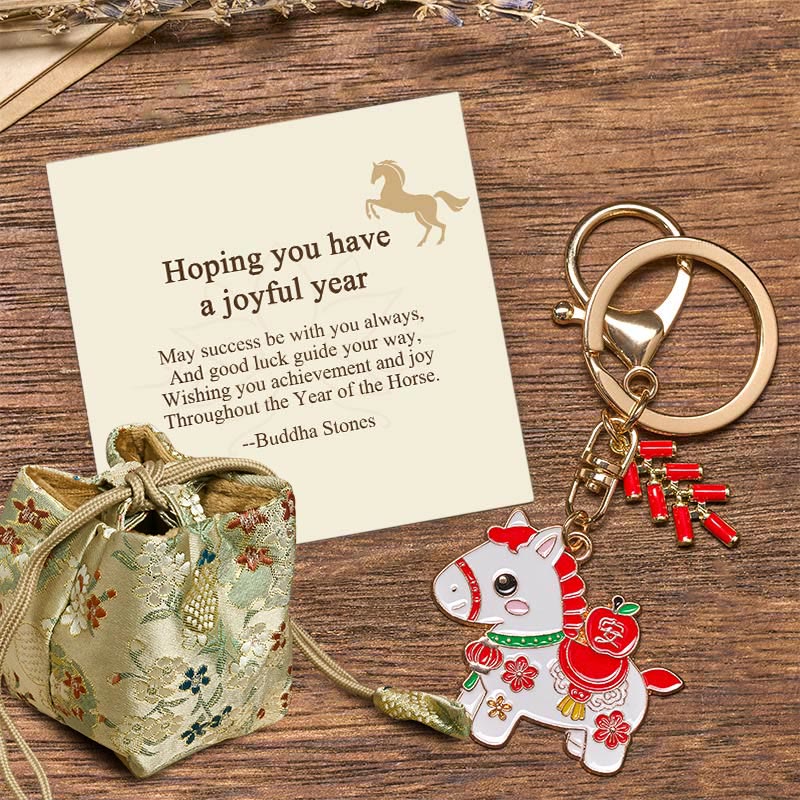Nimara Ritual "Hoping You Have a Joyful Year" Year of the Horse Ingot Red Firecrackers Alloy Key Chain Includes Gift Message Card