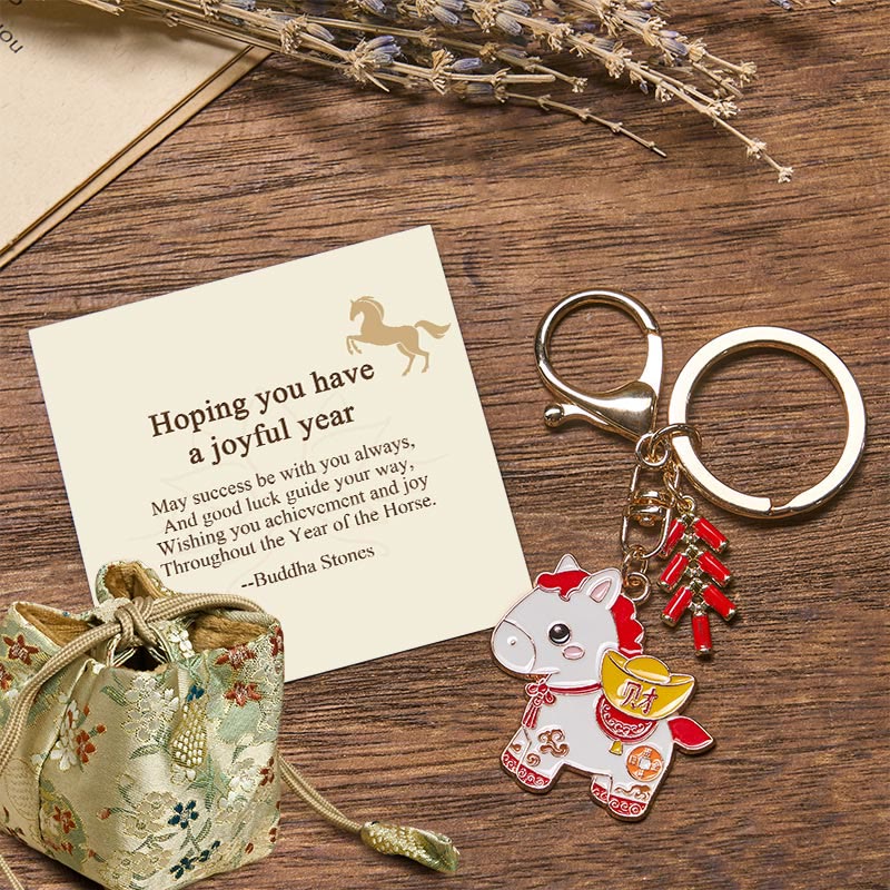 Nimara Ritual "Hoping You Have a Joyful Year" Year of the Horse Ingot Red Firecrackers Alloy Key Chain Includes Gift Message Card
