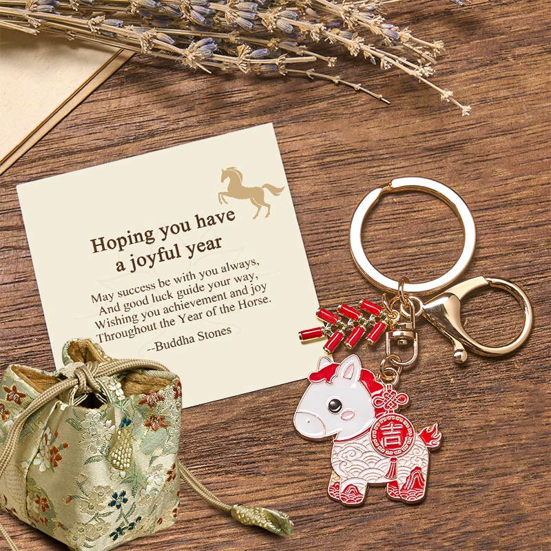 Nimara Ritual "Hoping You Have a Joyful Year" Year of the Horse Ingot Red Firecrackers Alloy Key Chain Includes Gift Message Card