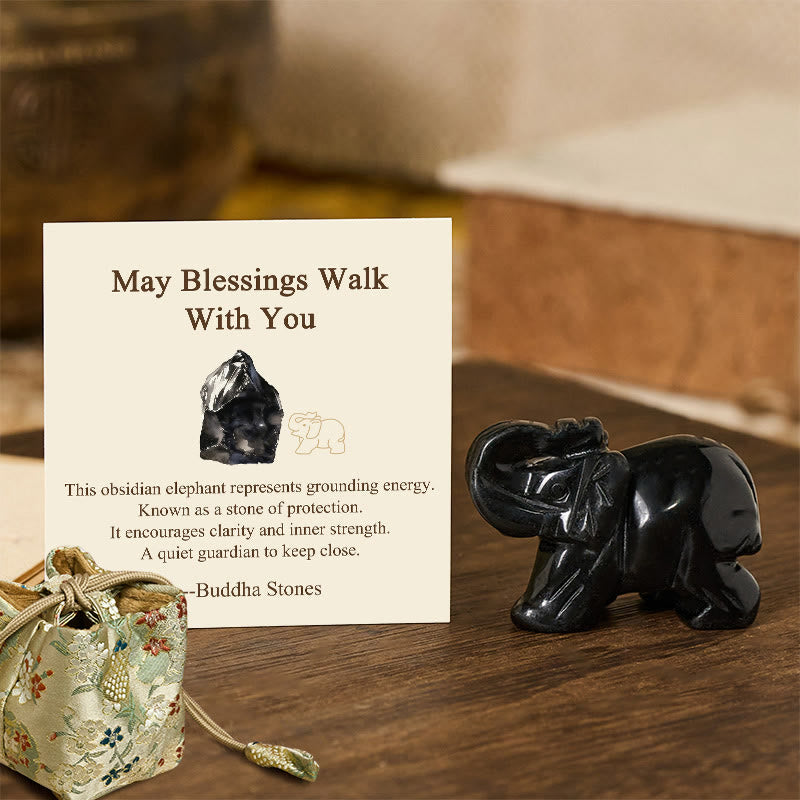 Nimara Ritual ''May Blessings Walk With You'' Natural Small Elephant Amazonite Amethyst Jade Black Obsidian Stone Decoration Includes Gift Message Card