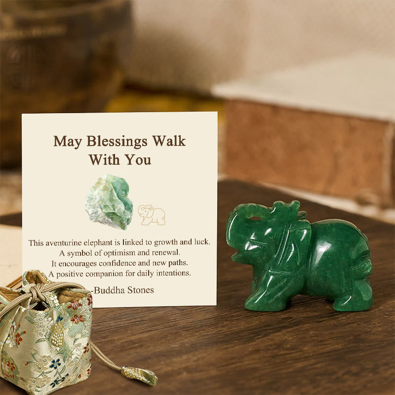 Nimara Ritual ''May Blessings Walk With You'' Natural Small Elephant Amazonite Amethyst Jade Black Obsidian Stone Decoration Includes Gift Message Card