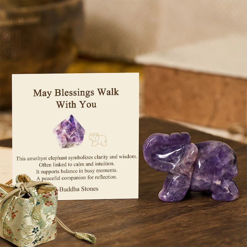 Nimara Ritual ''May Blessings Walk With You'' Natural Small Elephant Amazonite Amethyst Jade Black Obsidian Stone Decoration Includes Gift Message Card