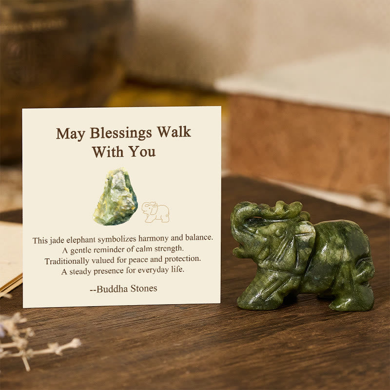 Nimara Ritual ''May Blessings Walk With You'' Natural Small Elephant Amazonite Amethyst Jade Black Obsidian Stone Decoration Includes Gift Message Card