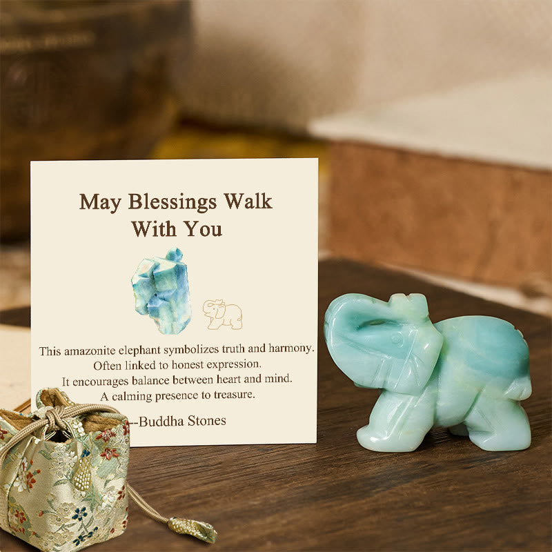 Nimara Ritual ''May Blessings Walk With You'' Natural Small Elephant Amazonite Amethyst Jade Black Obsidian Stone Decoration Includes Gift Message Card