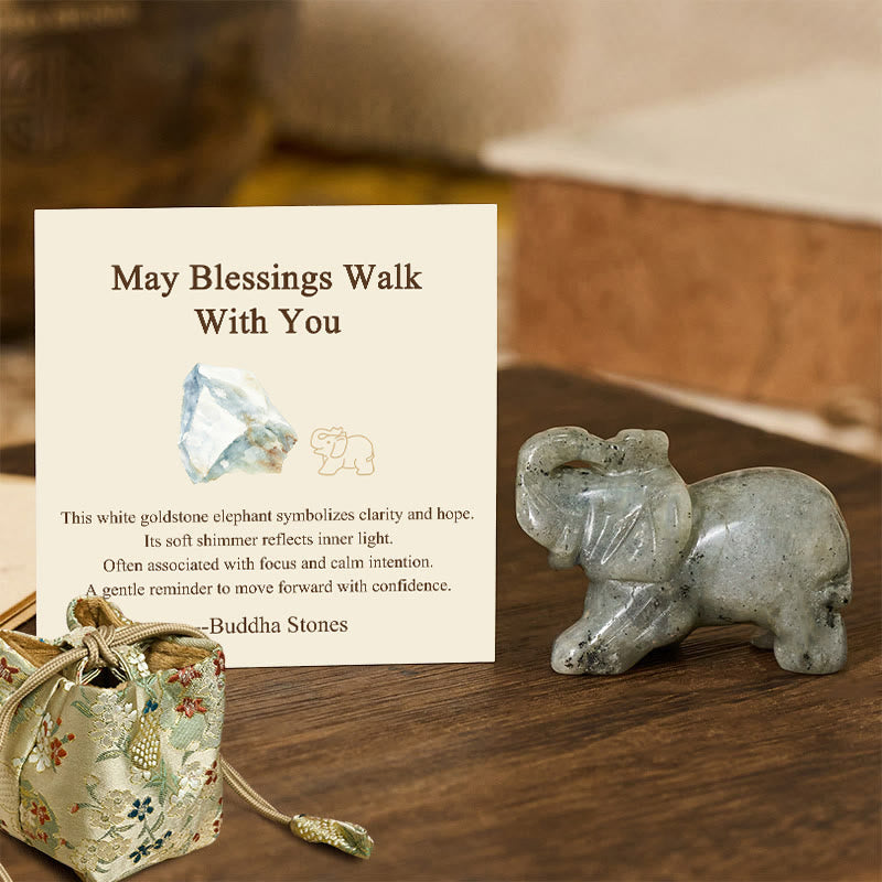 Nimara Ritual ''May Blessings Walk With You'' Natural Small Elephant Amazonite Amethyst Jade Black Obsidian Stone Decoration Includes Gift Message Card