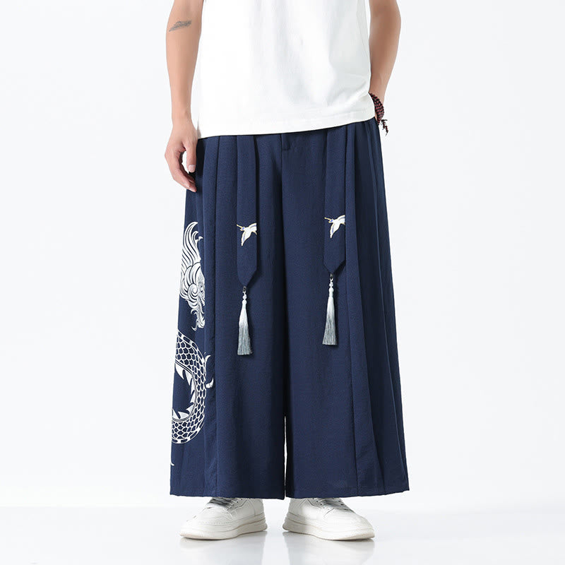 Nimara Ritual Summer Dragon Drawstring Design Cotton Ankle-Length Men's Wide Leg Pants With Pockets