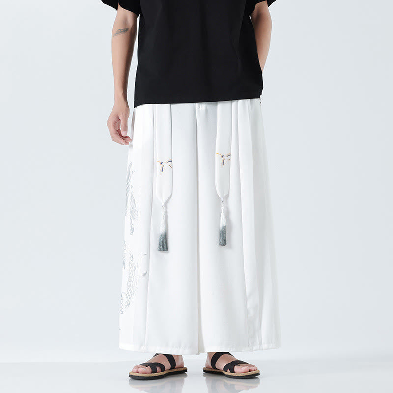 Nimara Ritual Summer Dragon Drawstring Design Cotton Ankle-Length Men's Wide Leg Pants With Pockets