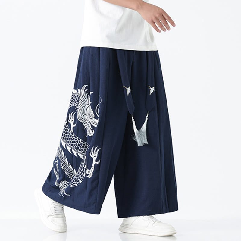 Nimara Ritual Summer Dragon Drawstring Design Cotton Ankle-Length Men's Wide Leg Pants With Pockets