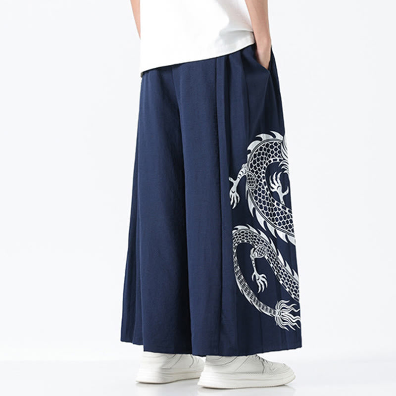 Nimara Ritual Summer Dragon Drawstring Design Cotton Ankle-Length Men's Wide Leg Pants With Pockets