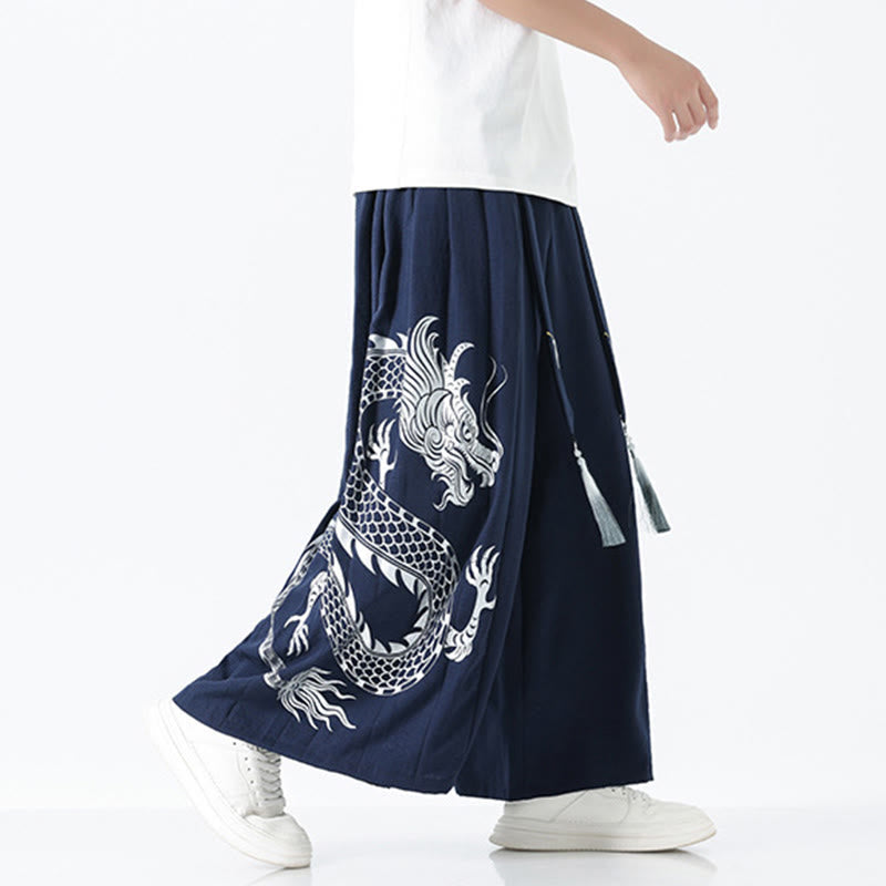 Nimara Ritual Summer Dragon Drawstring Design Cotton Ankle-Length Men's Wide Leg Pants With Pockets