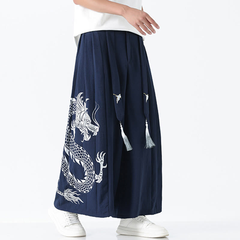 Nimara Ritual Summer Dragon Drawstring Design Cotton Ankle-Length Men's Wide Leg Pants With Pockets