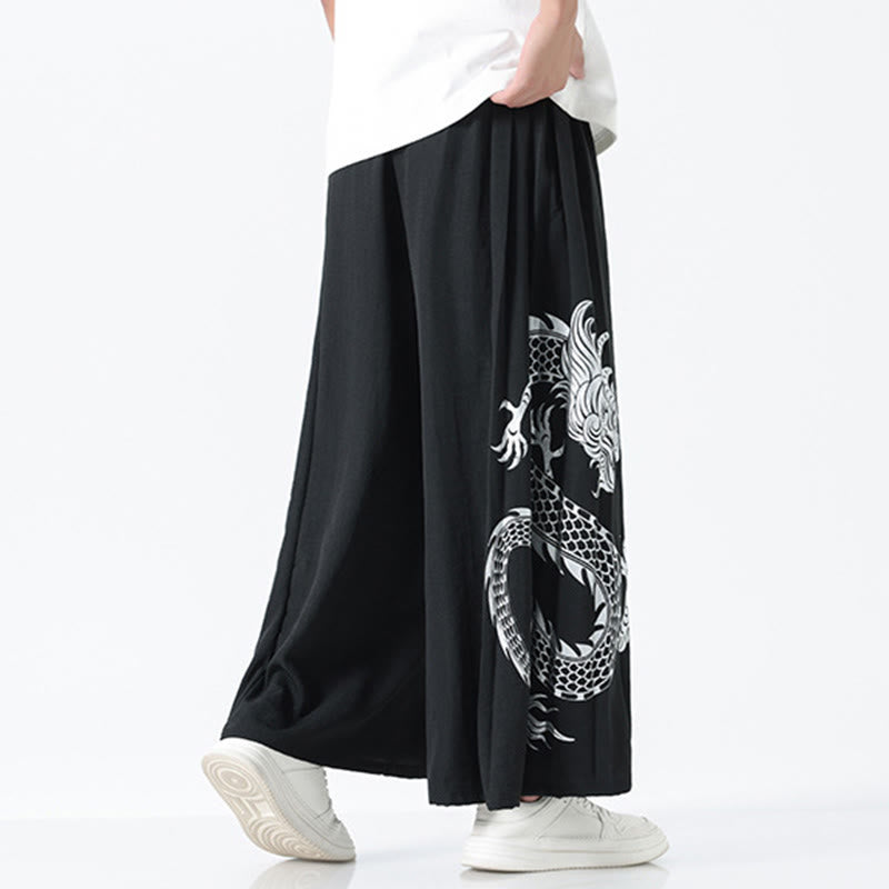 Nimara Ritual Summer Dragon Drawstring Design Cotton Ankle-Length Men's Wide Leg Pants With Pockets