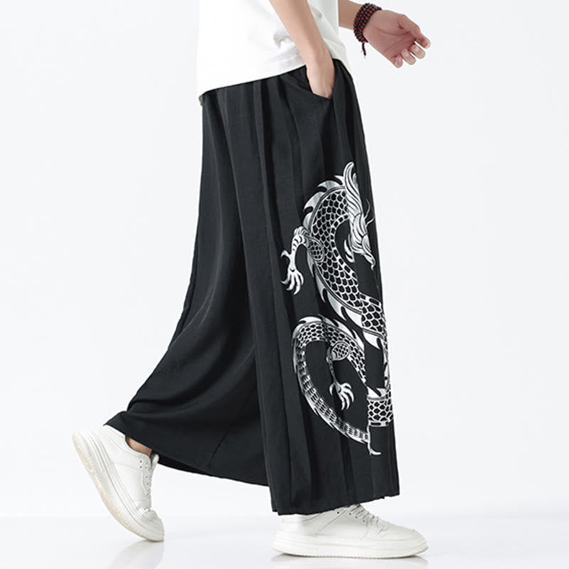 Nimara Ritual Summer Dragon Drawstring Design Cotton Ankle-Length Men's Wide Leg Pants With Pockets