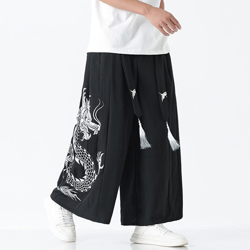 Nimara Ritual Summer Dragon Drawstring Design Cotton Ankle-Length Men's Wide Leg Pants With Pockets