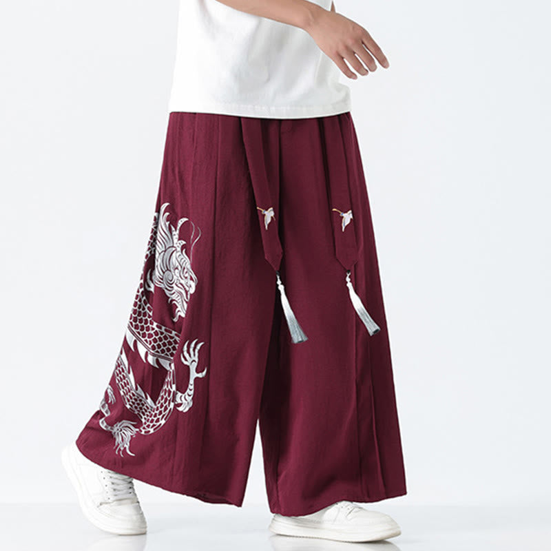 Nimara Ritual Summer Dragon Drawstring Design Cotton Ankle-Length Men's Wide Leg Pants With Pockets