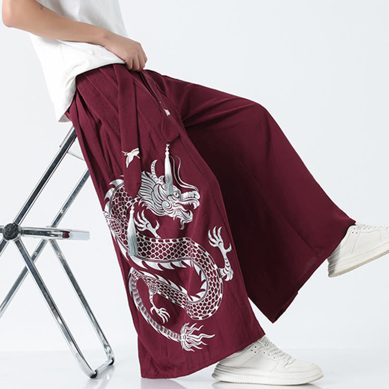 Nimara Ritual Summer Dragon Drawstring Design Cotton Ankle-Length Men's Wide Leg Pants With Pockets