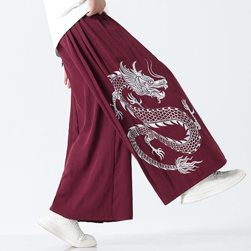 Nimara Ritual Summer Dragon Drawstring Design Cotton Ankle-Length Men's Wide Leg Pants With Pockets