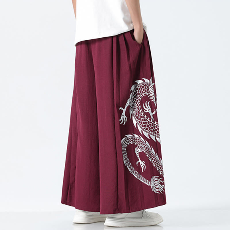 Nimara Ritual Summer Dragon Drawstring Design Cotton Ankle-Length Men's Wide Leg Pants With Pockets