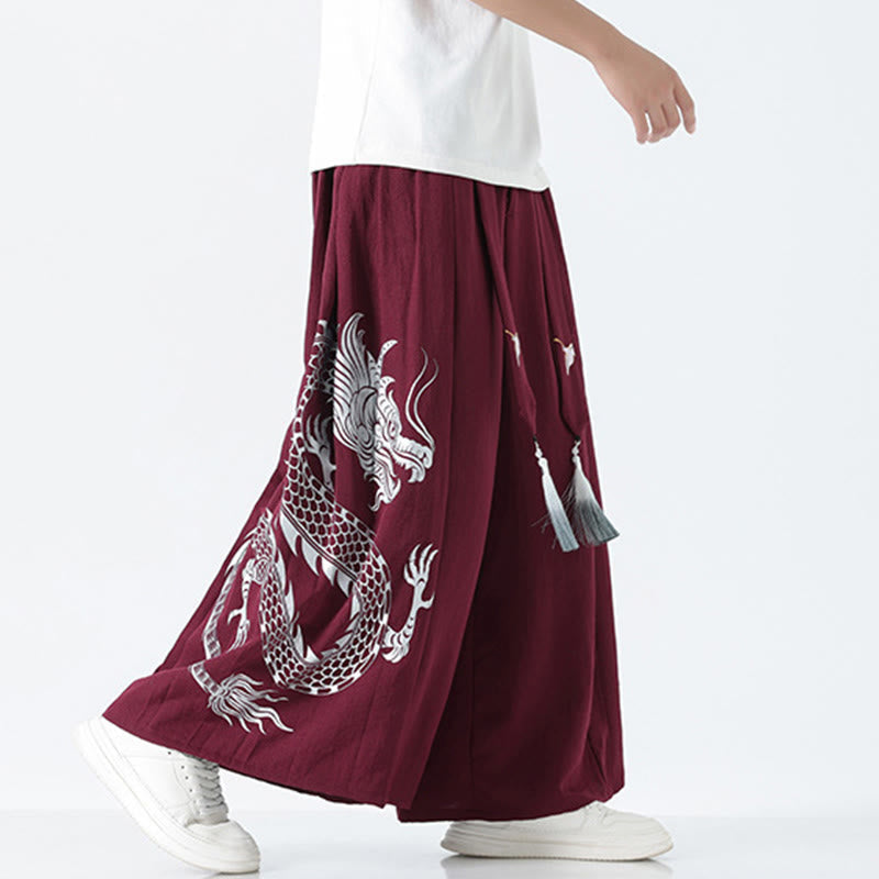 Nimara Ritual Summer Dragon Drawstring Design Cotton Ankle-Length Men's Wide Leg Pants With Pockets