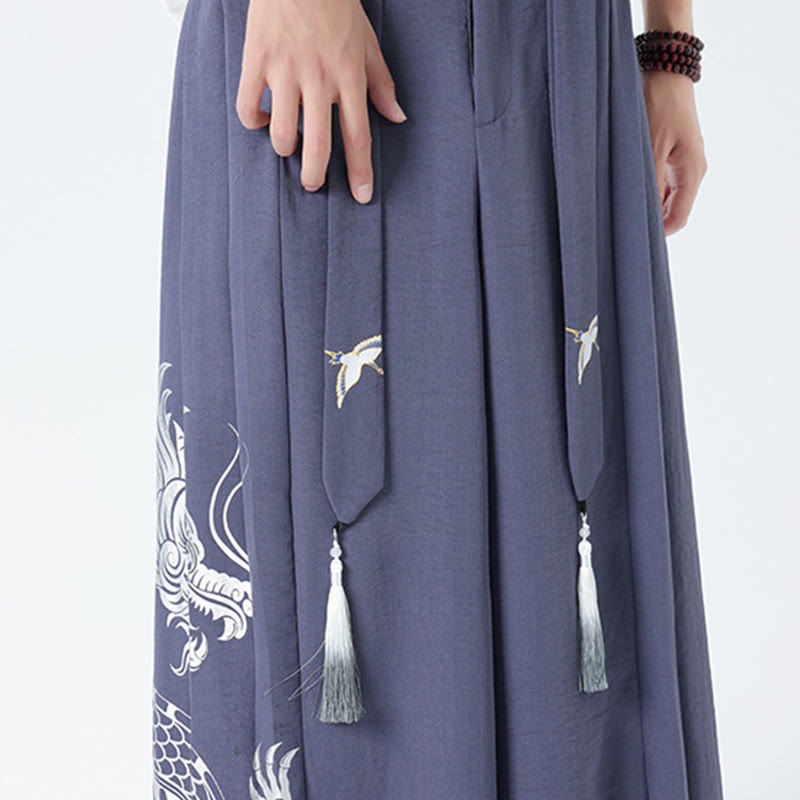 Nimara Ritual Summer Dragon Drawstring Design Cotton Ankle-Length Men's Wide Leg Pants With Pockets