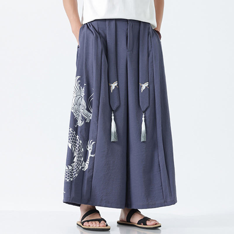 Nimara Ritual Summer Dragon Drawstring Design Cotton Ankle-Length Men's Wide Leg Pants With Pockets