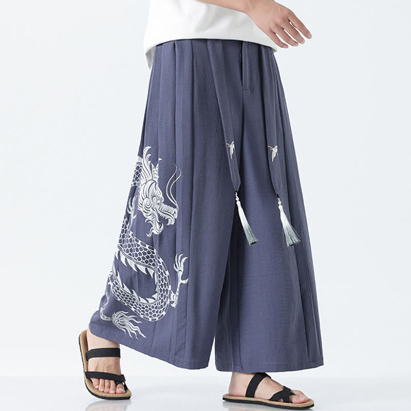 Nimara Ritual Summer Dragon Drawstring Design Cotton Ankle-Length Men's Wide Leg Pants With Pockets