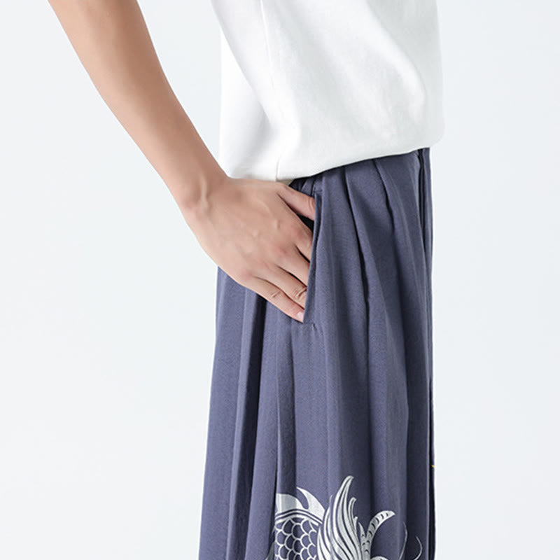 Nimara Ritual Summer Dragon Drawstring Design Cotton Ankle-Length Men's Wide Leg Pants With Pockets