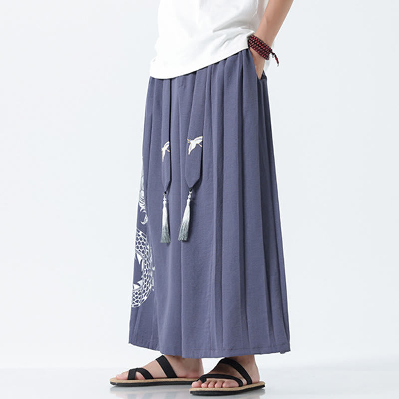 Nimara Ritual Summer Dragon Drawstring Design Cotton Ankle-Length Men's Wide Leg Pants With Pockets