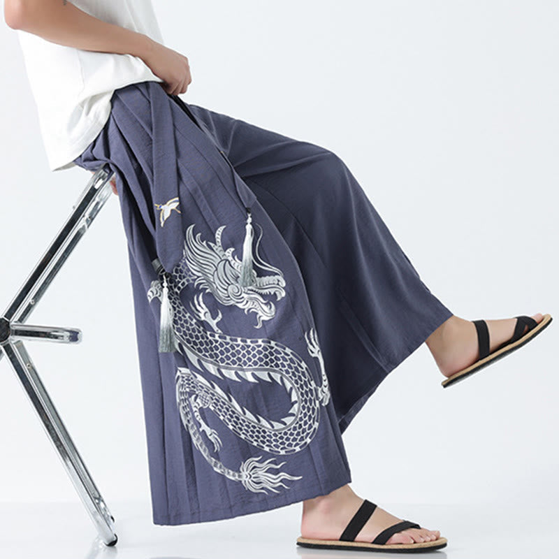 Nimara Ritual Summer Dragon Drawstring Design Cotton Ankle-Length Men's Wide Leg Pants With Pockets