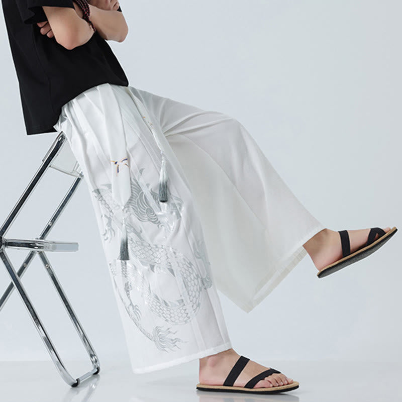 Nimara Ritual Summer Dragon Drawstring Design Cotton Ankle-Length Men's Wide Leg Pants With Pockets