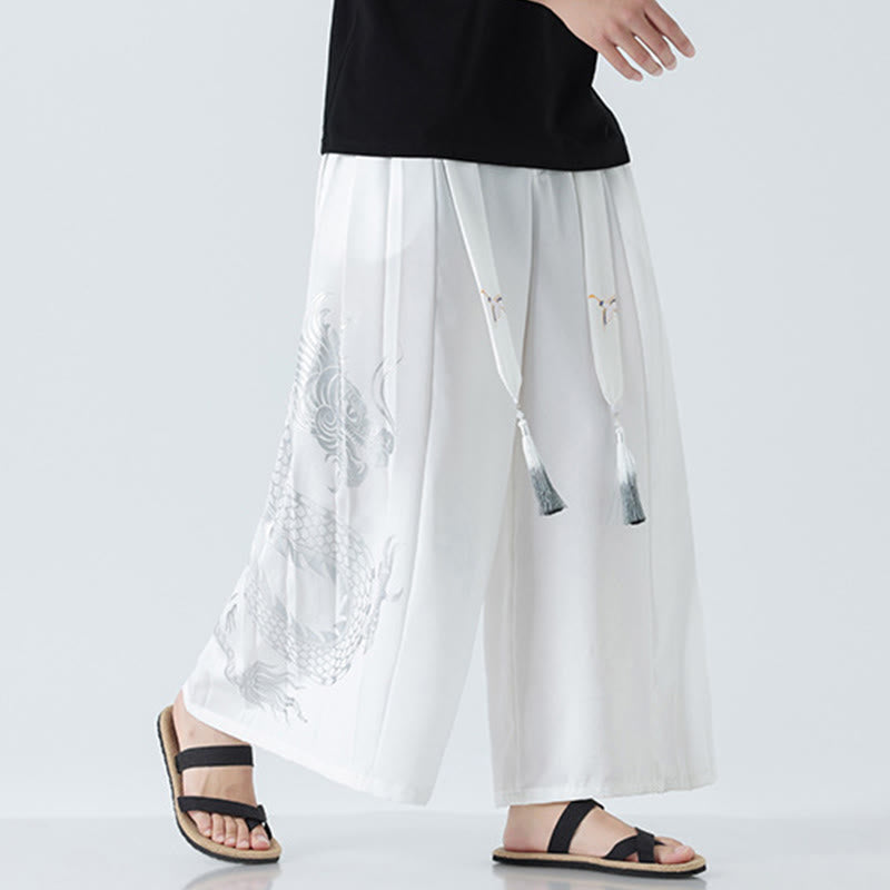Nimara Ritual Summer Dragon Drawstring Design Cotton Ankle-Length Men's Wide Leg Pants With Pockets