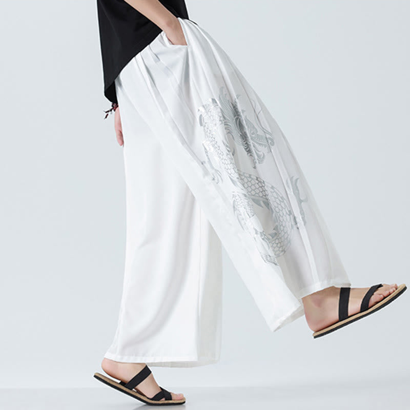 Nimara Ritual Summer Dragon Drawstring Design Cotton Ankle-Length Men's Wide Leg Pants With Pockets