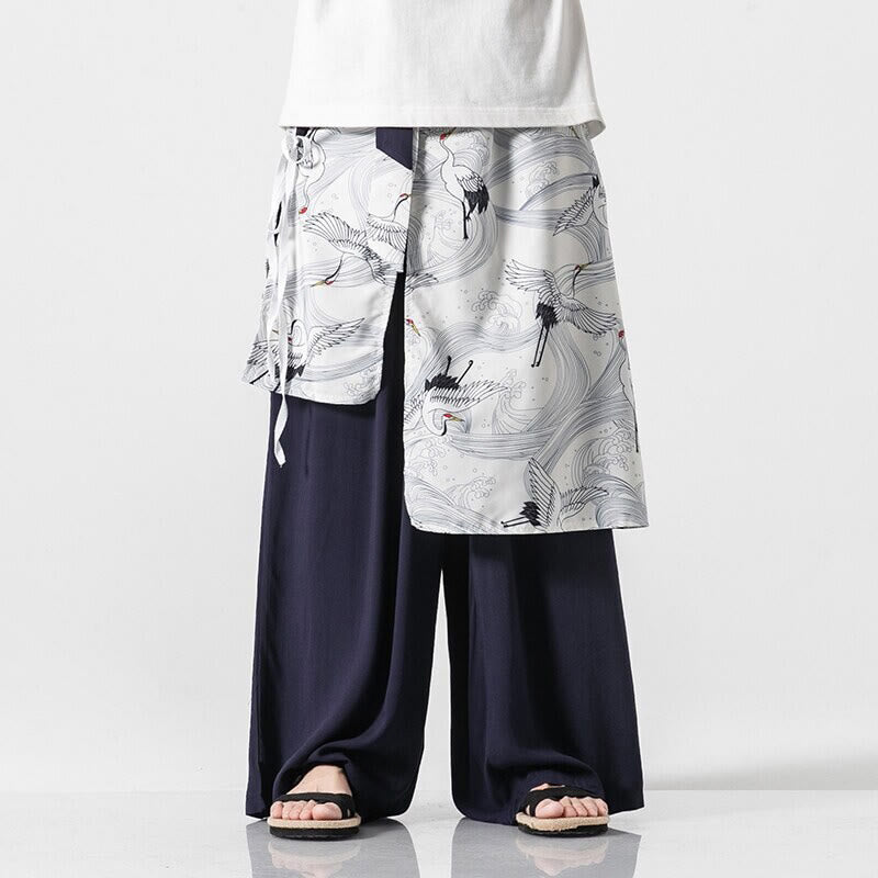 Nimara Ritual Summer Flying Crane Design Cotton Men's Wide Leg Pants With Pockets