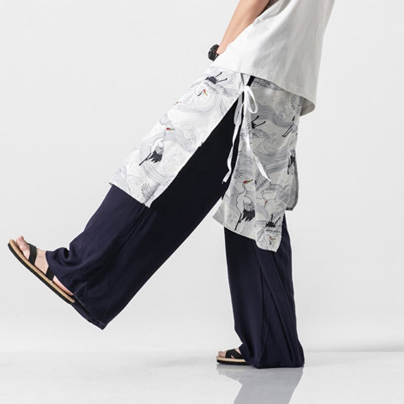 Nimara Ritual Summer Flying Crane Design Cotton Men's Wide Leg Pants With Pockets