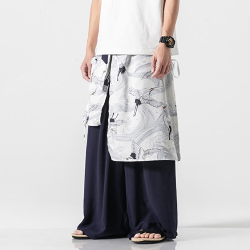 Nimara Ritual Summer Flying Crane Design Cotton Men's Wide Leg Pants With Pockets