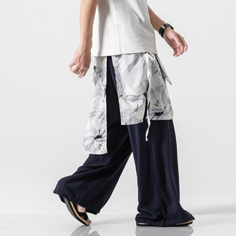 Nimara Ritual Summer Flying Crane Design Cotton Men's Wide Leg Pants With Pockets
