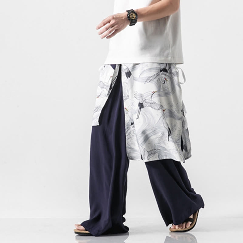 Nimara Ritual Summer Flying Crane Design Cotton Men's Wide Leg Pants With Pockets