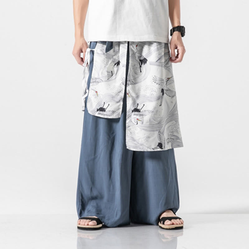 Nimara Ritual Summer Flying Crane Design Cotton Men's Wide Leg Pants With Pockets